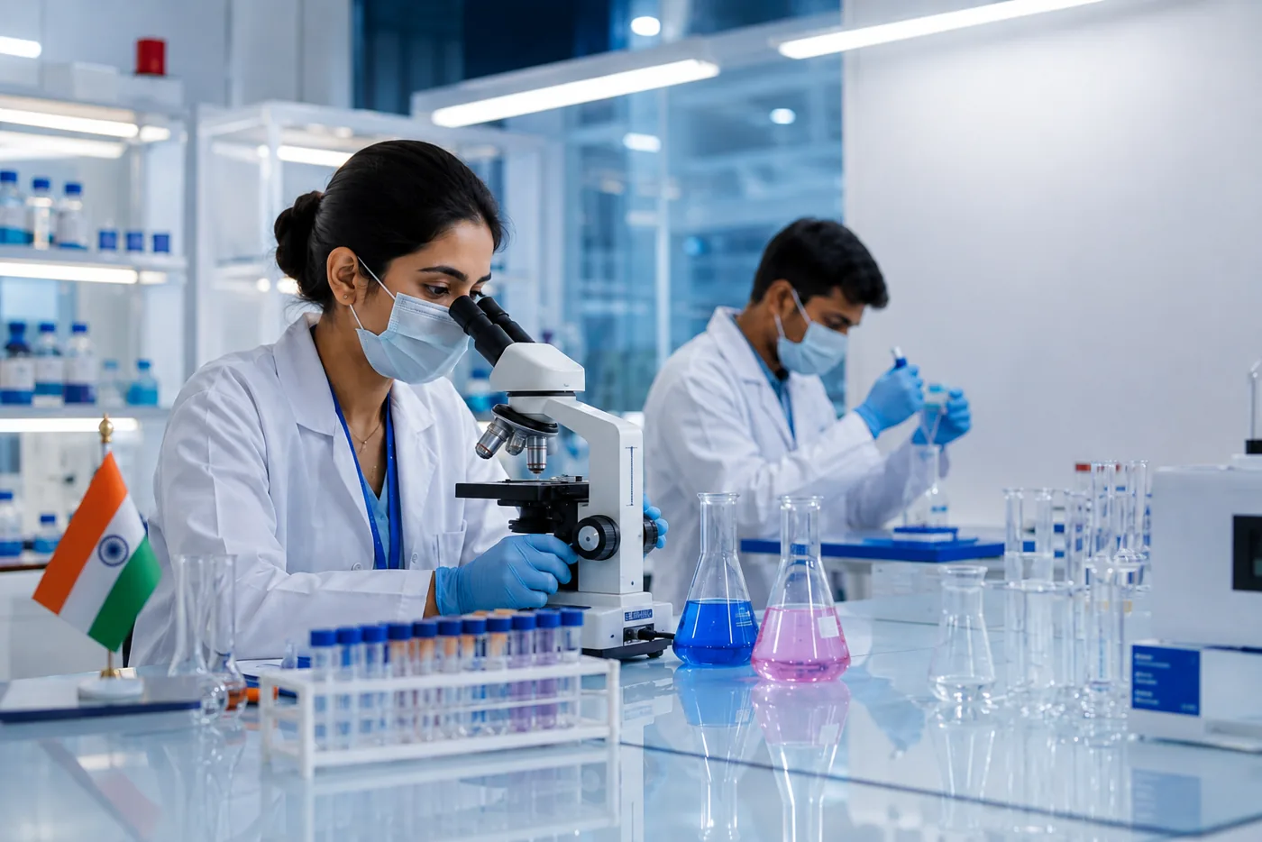 Laboratory technicians processing samples at a microscope