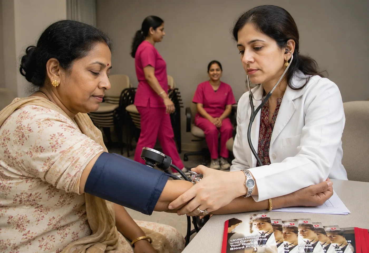 Doctor checking a patient's blood pressure during a health check